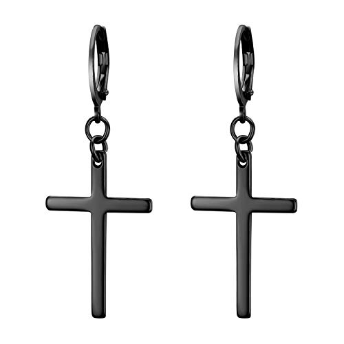 Flongo Pendientes de cruz largo pendientes de aros pequeños, Pendientes de acero inoxidable negro, Pendientes de mujer hombre estilo hip hop unisex, 1 par, Regalo para San Valentín/Navidad