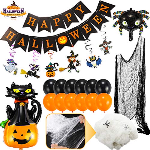 Flyfun 44 Piezas Juego de Decoración de Halloween Accesorios con Banner de Feliz Halloween, Tela de Araña de Terror, Tela Espeluznante, Globos Naranjas y Negros, Adornos Colgantes de Cinta en Espiral