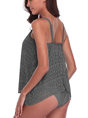 FLYILY - Traje de baño, tankini, de malla, para mujer, conjunto de dos piezas, bikini, de cintura alta, talla grande Gris gris L