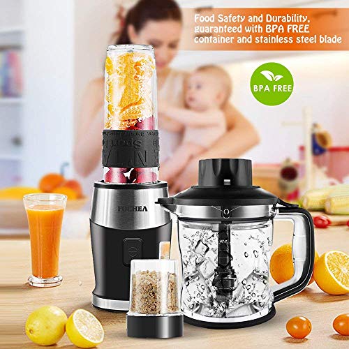 FOCHEA Batidora de Vaso 700W, 3 en 1 Multifuncional Batidora para Smoothies y Zumos, Picadora Eléctrica para Carne Verduras y Fruta, Molinillo para Café y Especias, con 3 Vasos, Libre de BPA, Negro