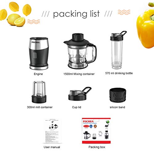 FOCHEA Batidora de Vaso 700W, 3 en 1 Multifuncional Batidora para Smoothies y Zumos, Picadora Eléctrica para Carne Verduras y Fruta, Molinillo para Café y Especias, con 3 Vasos, Libre de BPA, Negro