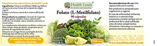 Folato L-metilfolato 1000μg x90 cápsulas, 5-MTHF Forma activa de ácido fólico/vitamina B9, Apoya el crecimiento normal del tejido materno durante el embarazo, Sin estearato de magnesio, Hecho en Gales