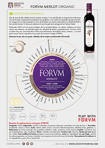 Forvm Merlot Ecológico, Vinagre de Vino Tinto, Fantástico para Cocinar, Usado 12 Años en el Menú de los Premios Nobel, Elaborado Artesanalmente, Producción Limitada, 2 Medallas Oro, Bot.Cristal, 500ml