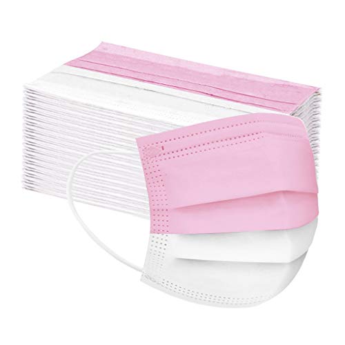 Fossen - 50 unidades, 3 Capas, Costuras de 2 Color Adultos Hombres y Mujeres Desechable Protección Transpirables con Elástico para Los Oído (Rosa claro)