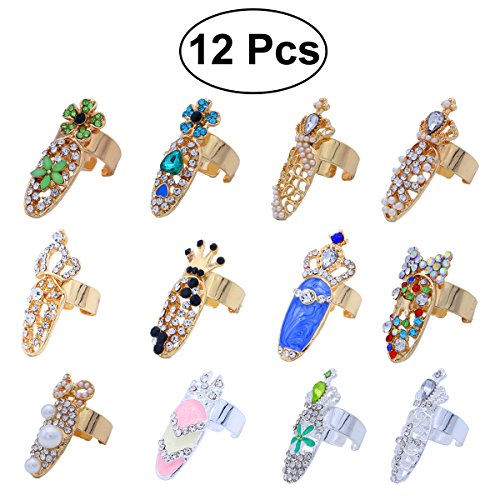 Frcolor Anillos de uñas, Crystal Bowknot Crown Flower Nail Art Charms Anillos de punta de clavo, 12 piezas