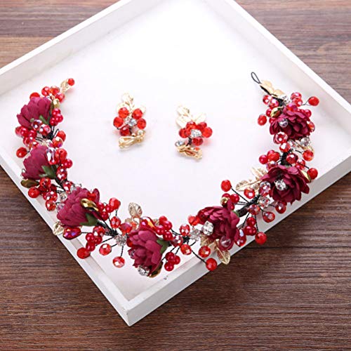 Frcolor Tiaras de novia con aretes Corona de boda Flores de cristal Diadema Sombreros Fiesta Tocado Joyería para el cabello para mujeres (rojo vino)