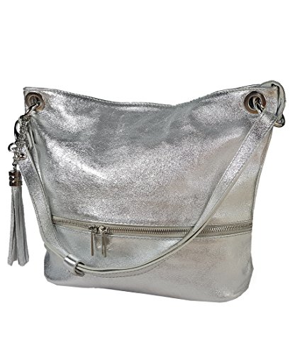 Freyday SHFFS16 - Bolso al hombro de Fabricada en piel auténtica. 100% Made in Italy – 100% satisfacción. para mujer Plateado plata metalica