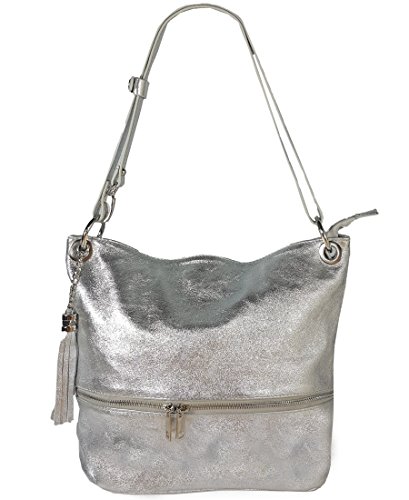 Freyday SHFFS16 - Bolso al hombro de Fabricada en piel auténtica. 100% Made in Italy – 100% satisfacción. para mujer Plateado plata metalica