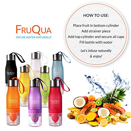 FruQua by Ayka Solutions - Botella de agua de tritan con infusor de frutas sin BPA, 650 ml - Incluye un libro electrónico gratis con recetas de infusiones de frutas - Producto a prueba de fugas - Disponible en 7 vibrantes colores, hombre Infantil mujer, a