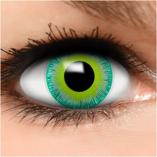 FUNZERA® Lentillas de Colores Green Alien + recipiente para lentes de contacto, sin dioptrías pack de 2 unidades - cómodas y perfectas para Halloween, Carnaval, sin corregir