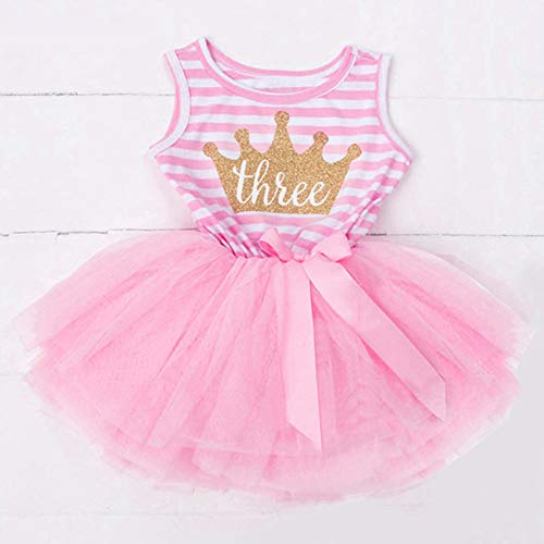 FYMNSI - Vestido de verano para niñas y bebés, diseño de princesas sin mangas, con estampado de tul y falda de fiesta con lazo Rosa Corona Rosa (3 Años) 3 años