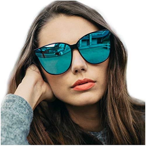 Gafas de sol estilo ojo de gato extragrandes con lentes de protección 100% UV polarizadas para las mujeres que conducen gafas de moda (Marco Negro/Lente Azul)