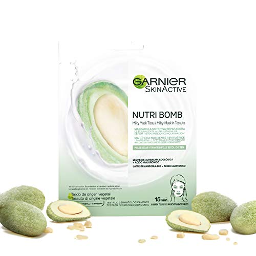 Garnier Skin Active Nutri Bomb Milky Mask Tissu Reparadora Mascarilla de Tejido con Leche de Almendra Ecológica y Ácido Hialurónico para Pieles Secas y Tirantes 36 g