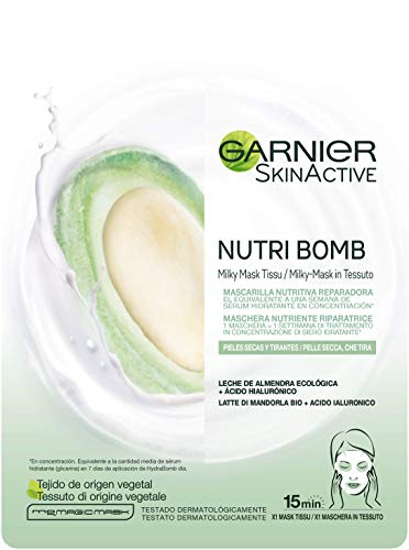 Garnier Skin Active Nutri Bomb Milky Mask Tissu Reparadora Mascarilla de Tejido con Leche de Almendra Ecológica y Ácido Hialurónico para Pieles Secas y Tirantes 36 g