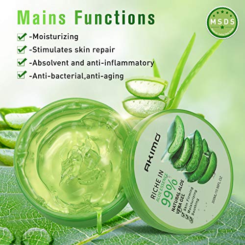 Gel de aloe vera orgánico de 300 ml: crema hidratante natural AKIMO, crema hidratante para el vello corporal, cuidado de las quemaduras solares, cicatrices reparadoras, calmantes y antiinflamatorias