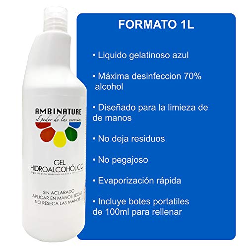 Gel hidroalcoholico manos 1 litros desinfectante de manos liquido antiseptico antibacteriano jabon antiséptico a base de alcohol ideal para dispensadores/Incluye 2 botes de 100ml para rellenado