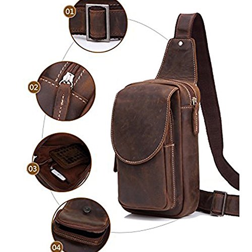 Gendi Cuero genuino de la vaca para hombre Deporte Excursionismo Viajar Cruzar Pecho Bolsa de hombro Daypack Bolso de la honda (Marron oscuro)