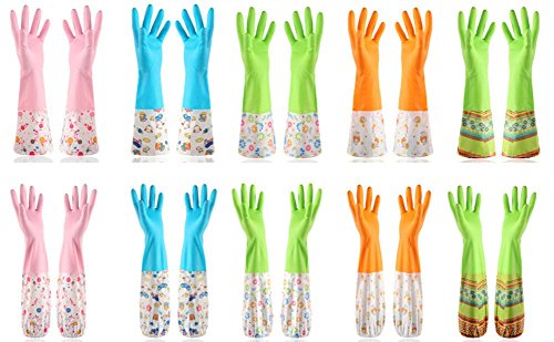 Gespout Guantes Limpias Gel de Sílice Calor Antideslizante Impermeable Gloves para Chef Cocina Baño Barbecue Patrón de Flores 1par 50cm Verde