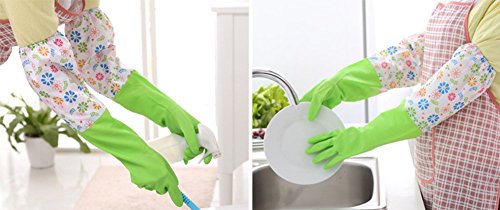 Gespout Guantes Limpias Gel de Sílice Calor Antideslizante Impermeable Gloves para Chef Cocina Baño Barbecue Patrón de Flores 1par 50cm Verde