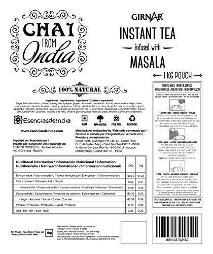 GIRNAR - CHAI DE LA INDIA CON MASALA 100% NATURAL, SIN LECHE - Bolsa de 1KG a granel. Té Instantáneo con Especias de la India