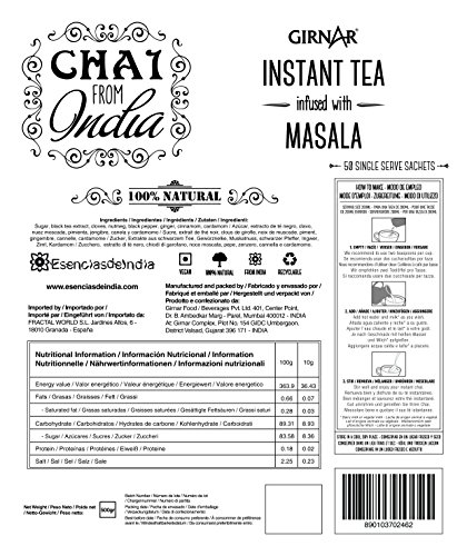 GIRNAR - CHAI DE LA INDIA CON MASALA 100% NATURAL, SIN LECHE - Bolsa de 500 GR (50 bolsitas individuales de 10gr) Té Instantáneo con Especias de la India