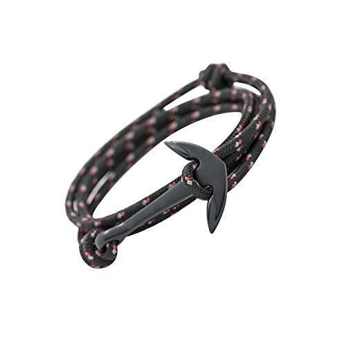 GLANZWEAR Envolver el Brazalete con Ancla de la Nave en Negro Rope Black Edition, Banda Ancla Náutica para los Hombres y Las Mujeres, Pulsera Unisex Muchos Colores de Moda Negro/Rojo