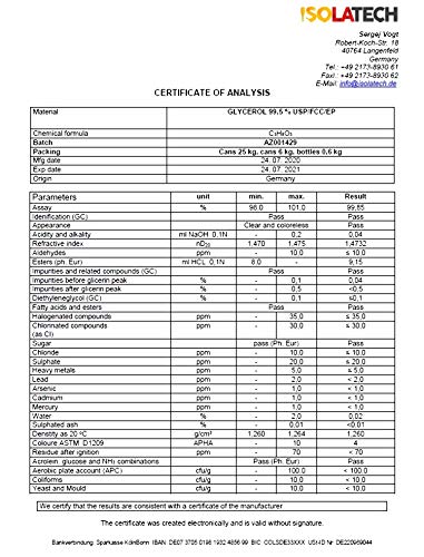 Glicerina 99.5% grado farmacéutico, vegetal puro, glicerina glicerol líquido transparente Botella de 0,5L (contenido 0,6kg)