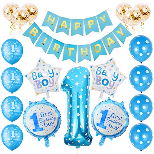 Globos Cumpleaños Niño, 1er Cumpleaños Bebe Azul Globos Numeros 1 Decoracion, Globos de Confeti de Latex Boy Ballon Party Cumpleaños 1 Año