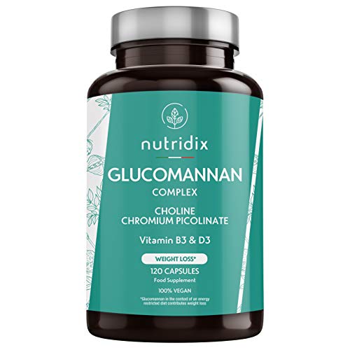 Glucomanano Konjac - 3150mg por dosis - Ayuda a Adelgazar en Dietas Bajas en Calorías - Glucomanano Natural con Cromo, Colina, Vitamina D3 y B3-120 cápsulas Nutridix