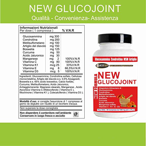 Glucosamina Coindroitina MSM Suplementos de ácido hialurónico Articulaciones Garra del diablo Cúrcuma Boswellia Manganeso Vitaminas C K1 y D3 (Glucojoint 1 Box de 60 tabletas)