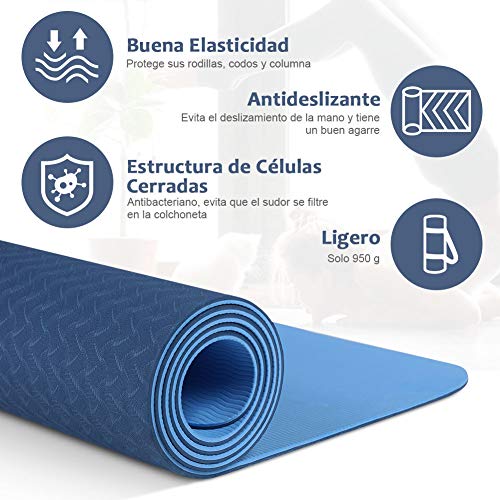 Glymnis Esterilla Yoga Antideslizante Colchoneta Yoga Mat Esterilla Deporte de Material Ecológico TPE Esterilla Pilates con Correa 183mm x 61mm x 6mm Azul