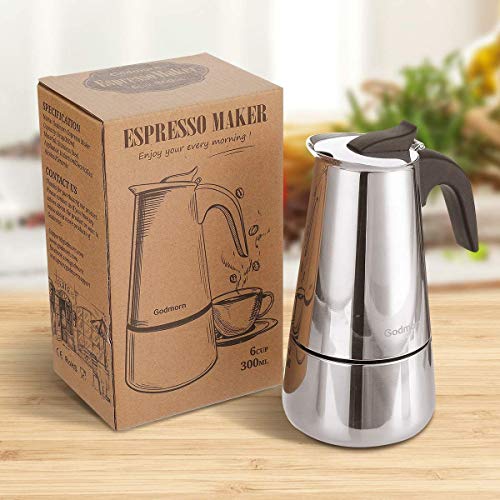 Godmorn Cafetera italiana,Cafetera espressos en Acero inoxidable430,6 tazas(300ml),Conveniente para la cocina de inducción,Cafetera Moka Clásica,Plata,Perfecta para Uso Doméstico y en la Oficina.