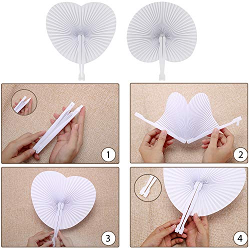 GoMaihe 60Pcs Abanicos PAI PAI para Bodas, Ventilador de Mano Redondo y en Forma de Corazón, Abanicos Boda para Invitados, Wedding Paper Fan Foldable Pocket Fan, Blanco