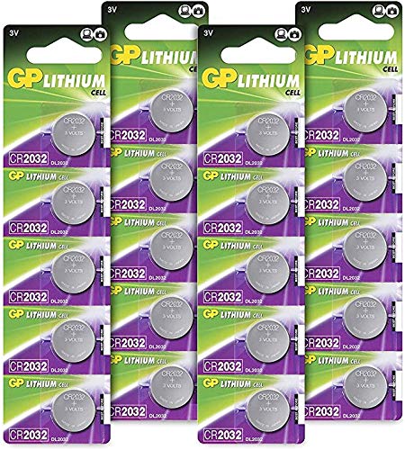 GP CR2032 3V - Pack de 20 Pilas CR 2032 de Litio botón | Sin Mercurio | Pack Compuesto por 4 blísters de 5 Pilas CR2032 / DL2032 envasadas Individualmente