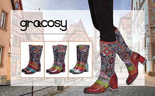 gracosy Botas de Cuero Mujer Otoño e Invierno 2019 Tacon Alto Estilo Bohemio Corte Retro Hecho a Mano Botas de Nieve Patrón de Flores Zapatos Calientes En el Medio Colorido