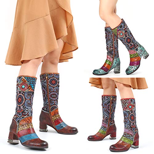 gracosy Botas de Cuero Mujer Otoño e Invierno 2019 Tacon Alto Estilo Bohemio Corte Retro Hecho a Mano Botas de Nieve Patrón de Flores Zapatos Calientes En el Medio Colorido