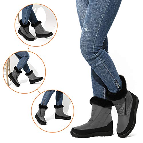 gracosy Botas Nieve Mujer Piel Forrado Tela Sintética Invierno Cálidas Botas Antideslizante Peso Ligero Plano Media Pierna Zapatos