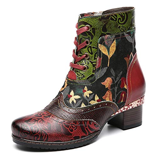 gracosy Botines de Cuero para Mujeres,Otoño e Invierno 2019 Bloque de Pata Flor Original Hecho a Mano Estilo Bohemio Nacional Rico en Color Cómodo Suela Blanda Cremallera