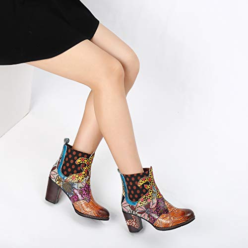 gracosy Botines de Mujer 2019 Cuero Invierno Tacon Alto Forro de Piel Botas de Botas de Nieve Botas de Bajo Zapatos Chelsea Hecho a Mano Color Tela de Colores