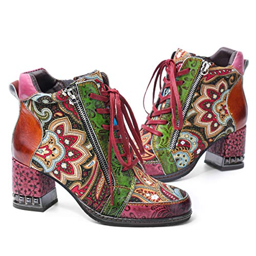 gracosy Botines de Mujer,Otoño e Invierno 2020 Cuero Tacones Altos Encaje Estilo Bohemio Hecho a Mano Diseño Original Patrón de Flores Botas de Nieve Urbano Suela Blanda,Azul