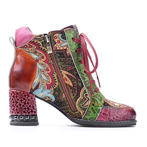 gracosy Botines de Mujer,Otoño e Invierno 2020 Cuero Tacones Altos Encaje Estilo Bohemio Hecho a Mano Diseño Original Patrón de Flores Botas de Nieve Urbano Suela Blanda,Azul