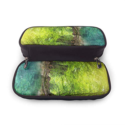 Green Peaceful River Deep in Mountain Forest Nature Composition Beauty with Zipperater Stream Portable Leather Pencil Case Pencil Bag