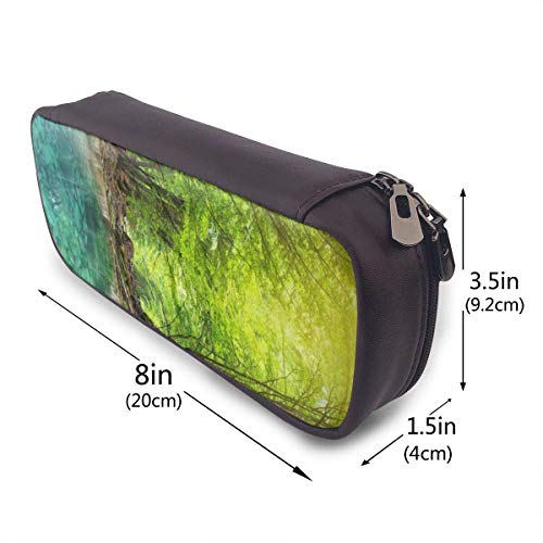 Green Peaceful River Deep in Mountain Forest Nature Composition Beauty with Zipperater Stream Portable Leather Pencil Case Pencil Bag