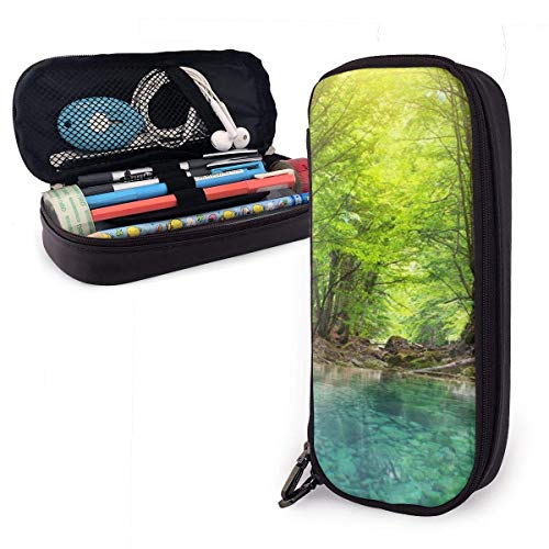 Green Peaceful River Deep in Mountain Forest Nature Composition Beauty with Zipperater Stream Portable Leather Pencil Case Pencil Bag