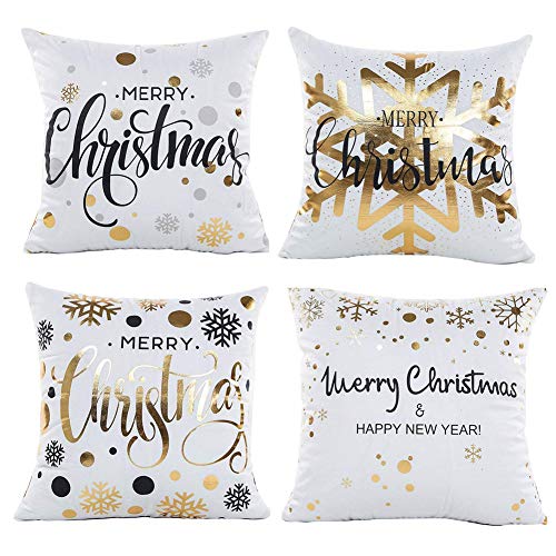 Gspirit 4 Pack Navidad Copo de Nieve Algodón Lino Throw Pillow Case Funda de Almohada para Cojín 45x45 cm