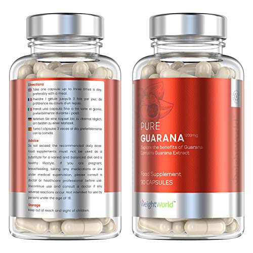 Guaraná Cápsulas dosis Alta 1200mg | Suplemento Quemagrasas Natural Detox para Adelgazar, Potente Termogénico con Alta concentración de Cafeína, Formula Saciante, 90 Cápsulas, Vegano