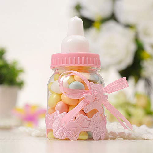 Gudotra 125 Packs 24pcs Biberones Bautizo Plastico Rosa Botella Dulces + 100pcs Tarjetas Blanco + 10 Metros Cuerda de Yute para Recuerdo de Bautizo Baby Shower