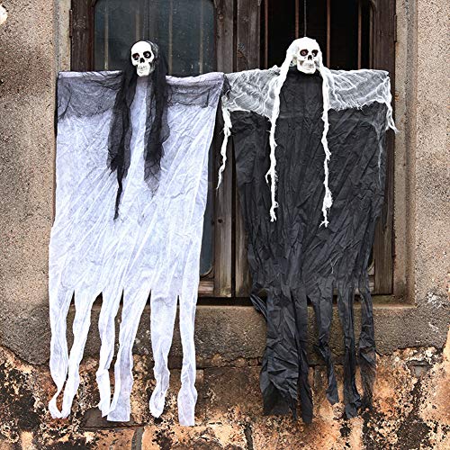 Gxklmg Colgando de Halloween Decoraciones de Esqueleto Fantasma Enciende para Arriba Ojos de Miedo 'Bienvenida' Voz de Cortina de Control de Sonido del Demonio de Halloween de los apoyos,Blanco