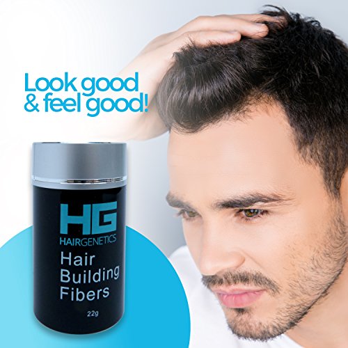 Hair Genetics® Fibras Capilares de Queratina para Cabello - Fórmula Avanzada Cero Picores de Calidad Profesional y Aspecto Natural para Hombres y Mujeres Dispensador 22 g (Castaño Oscuro)