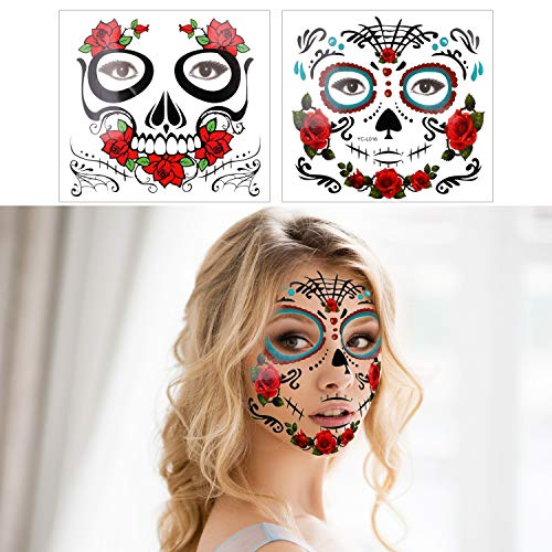 halloween tatuajes temporales de cara (11 hojas), halloween mascarada Día de los Muertos esqueleto cráneo cara tatuajes Pegatinas para mujeres Hombres adultos Niños Halloween Mascarada